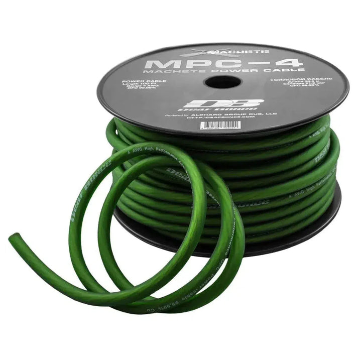 Een spoel Deaf Bonce Machete MPC-4GA / 20mm² 30m kabel met groene draad afgewikkeld en opgerold; op de zwarte spoel staat een wit productmerk.