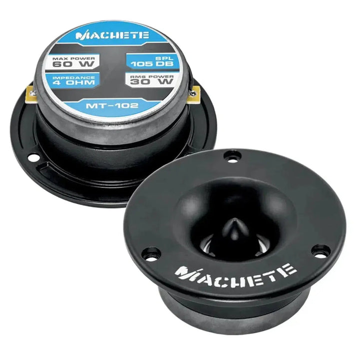 Deux enceintes noires Deaf Bonce Machete MT-102 ; lune présente une face avant évasée, lautre une puissance maximale de 60 W, une impédance de 4Ω et un niveau de pression acoustique de 105 dB.