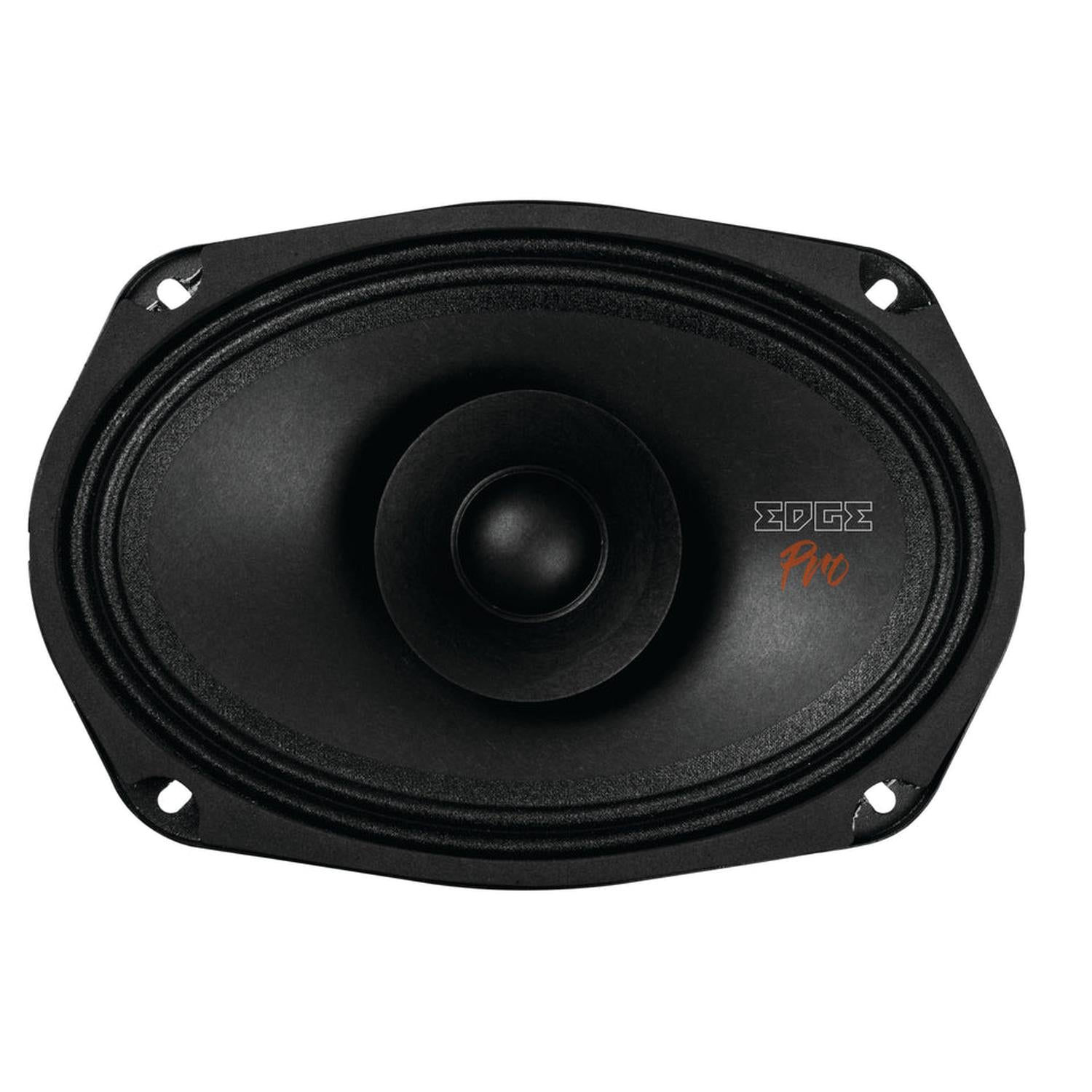 Un gros plan sur le haut-parleur ovale noir Edge Car Audio EDBXPRO69W-E2 avec le logo EDGE Pro en blanc et orange sur le côté droit.