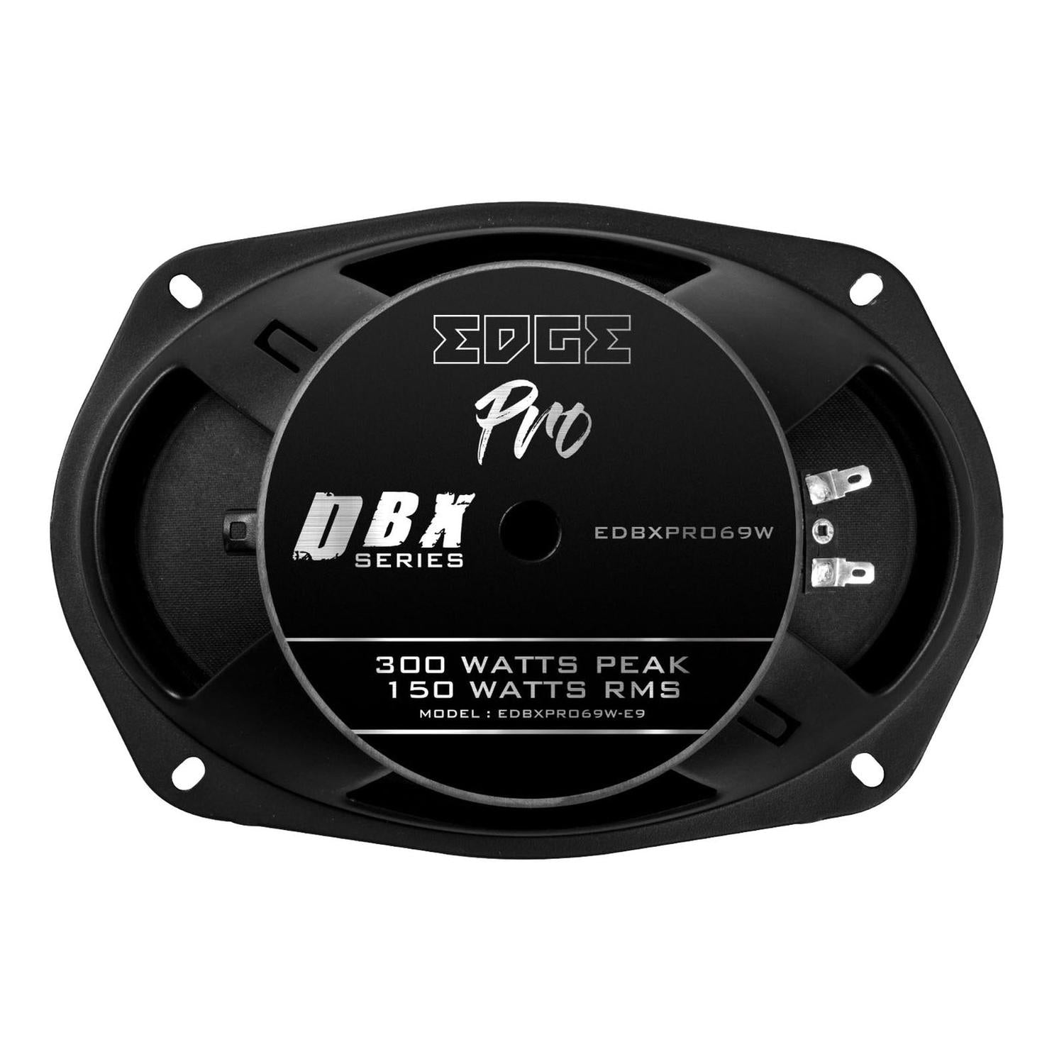 Haut-parleur 6x9 noir de forme ovale, série EDGE Pro DBX de Edge Car Audio, modèle EDBXPRO69W-E2 ; 300 W crête/150 W RMS.