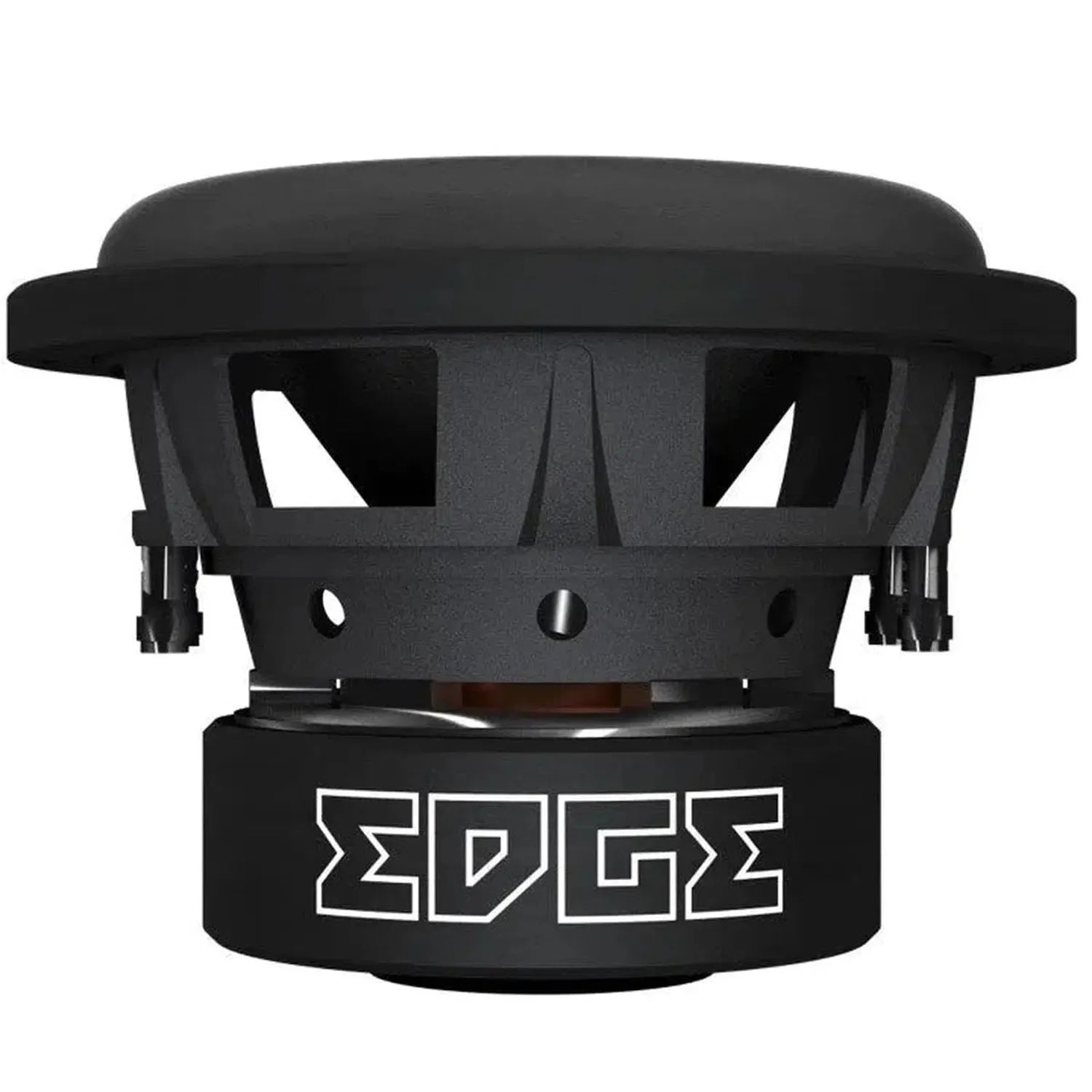 LEDS10D2-E0 Street-Serie è un subwoofer nero da 10 di Edge Car Audio, caratterizzato da una robusta struttura in metallo e dalla vistosa scritta EDGE bianca sulla base.