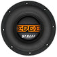 Il subwoofer EDS10D2-E0 Street-Serie da 10 di Edge Car Audio è caratterizzato dal testo arancione EDGE e dal bianco STREET SERIES, visto dallalto con i fori di montaggio.