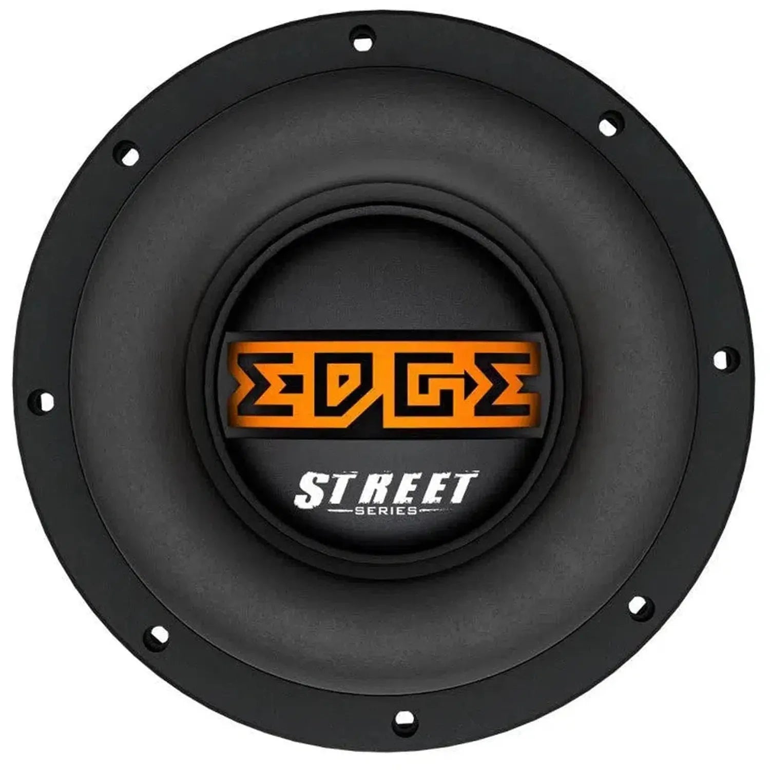 Il subwoofer EDS10D2-E0 Street-Serie da 10 di Edge Car Audio è caratterizzato dal testo arancione EDGE e dal bianco STREET SERIES, visto dallalto con i fori di montaggio.