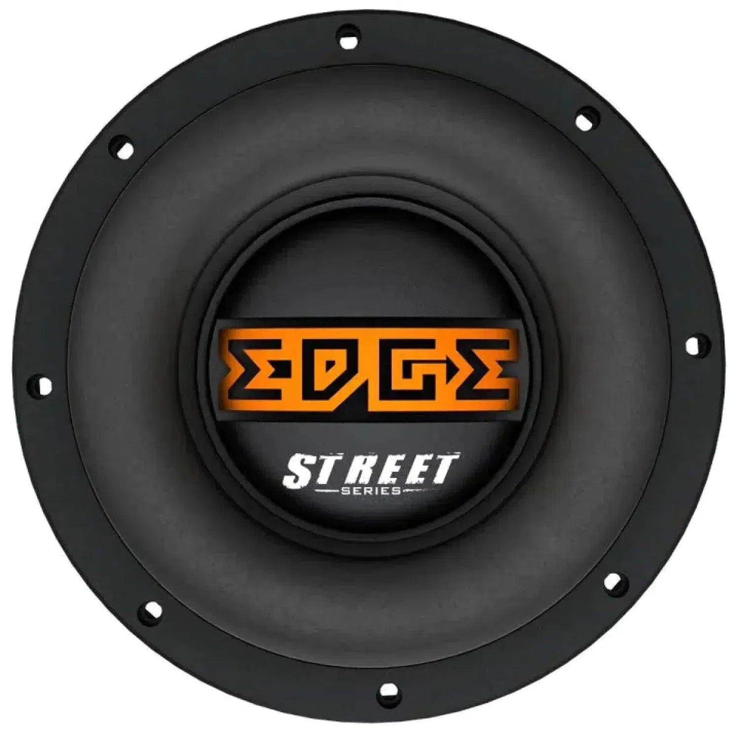 Der Edge Street EDS15D2-E0 ist ein schwarzer, runder 15-Zoll-Subwoofer mit orangefarbenem „EDGE“-Schriftzug, weißem „STREET SERIES“-Schriftzug und einem 3200-W-Bassreflex-Gehäuse für tiefe Bässe.
