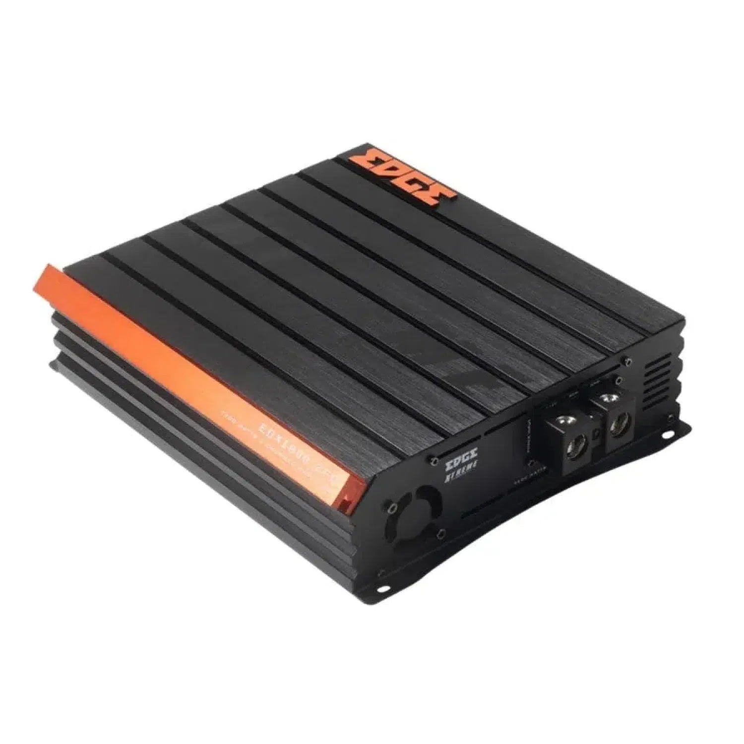 Lamplificateur Edge Car Audio Xtreme EDX1800.2FD-E0 à 2 canaux présente un design nervuré noir et orange, des ports de connexion et la marque EDGE sur le dessus et le côté.
