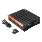 Le Xtreme EDX1800.2FD-E0 de Edge Car Audio est un amplificateur 2 canaux noir et orange avec un câble spiralé et un petit accessoire noir sur fond blanc.