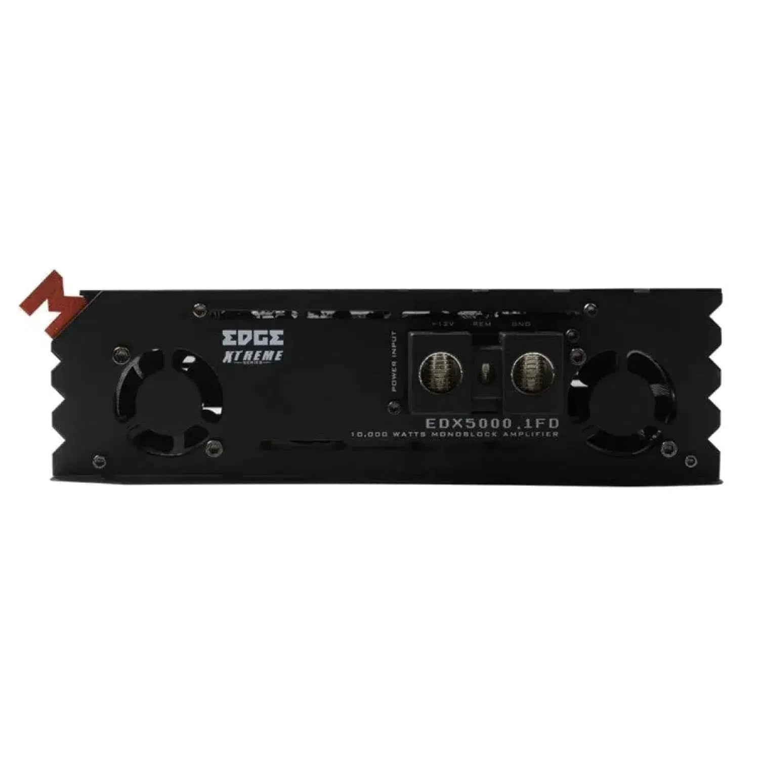 Le Edge Car Audio Xtreme EDX5000.1FD-E0 est un amplificateur monobloc de classe D avec des évents, des grilles de ventilation et des bornes visibles sur un côté.