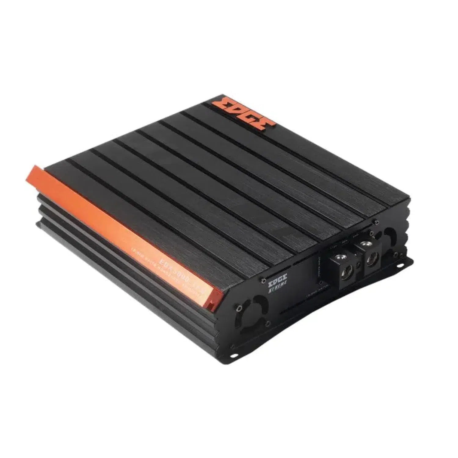 Un ampli monobloc Edge Car Audio Xtreme EDX5000.1FD-E0 noir et orange avec un boîtier strié, une technologie de classe D et des ports dalimentation/de connexion sur un côté.