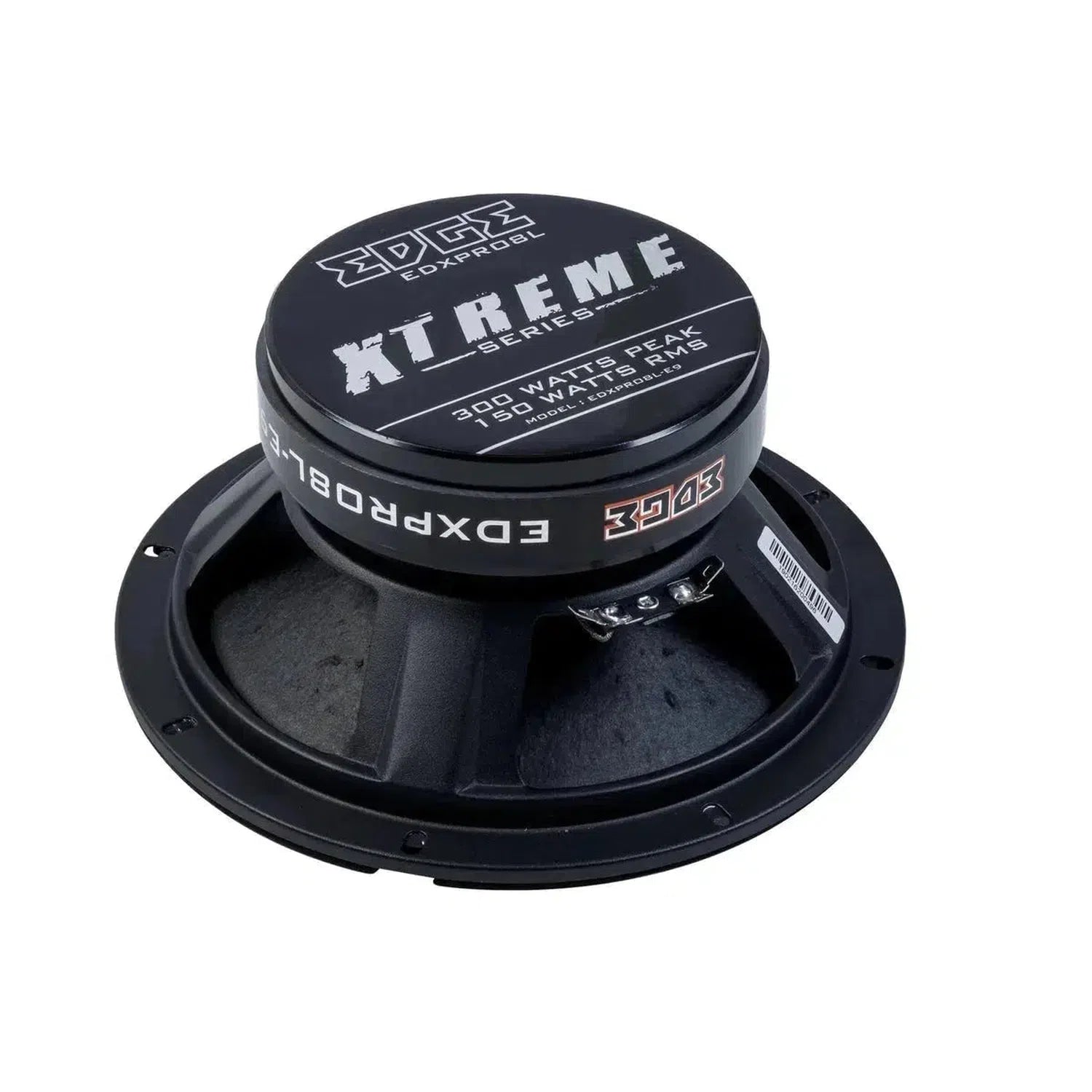 El Edge Car Audio Xtreme EDXPRO8L-E9 es un subwoofer para coche de color negro con el logotipo de la marca, información sobre el modelo y conectores metálicos laterales.