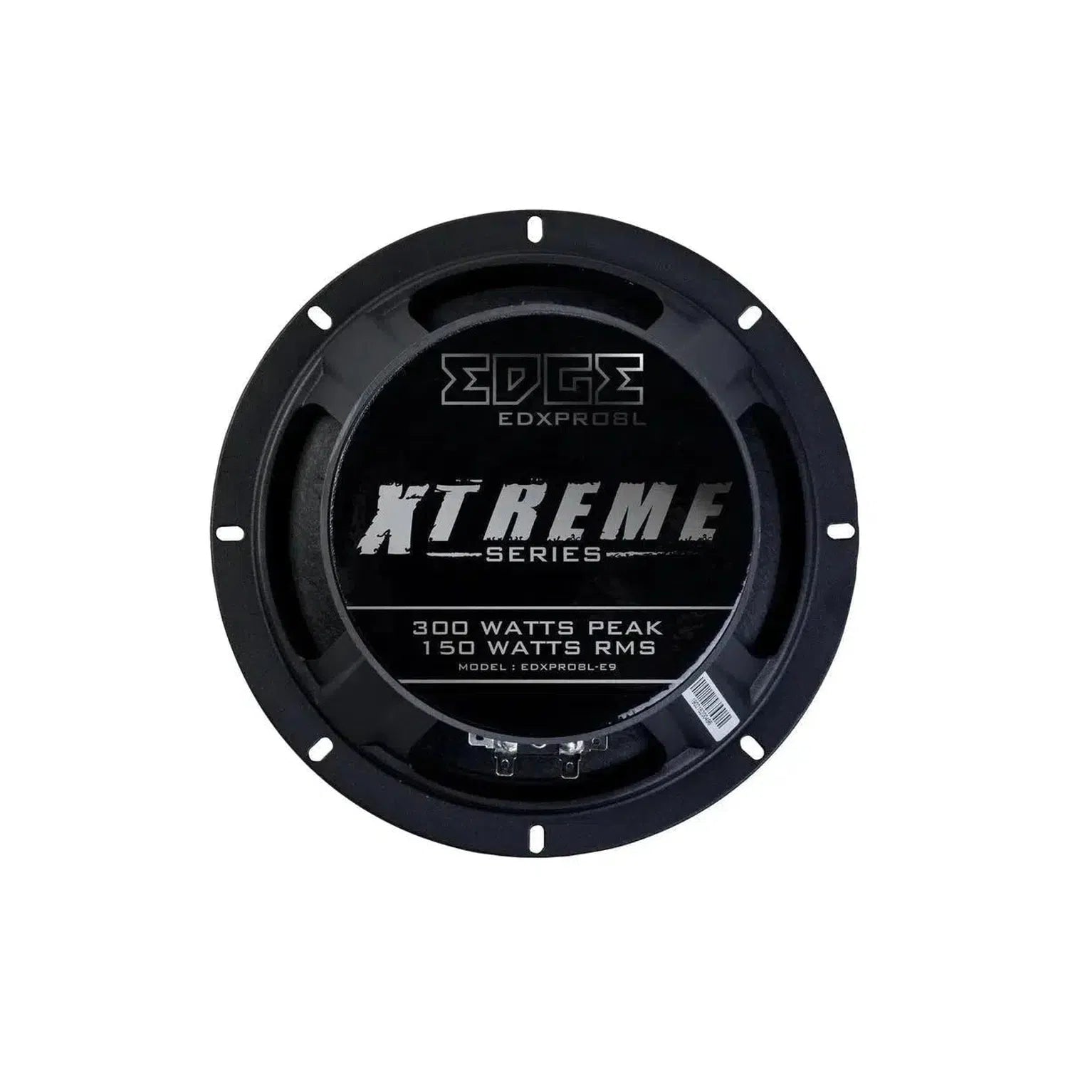 Un altavoz Edge Car Audio Xtreme EDXPRO8L-E9 redondo y negro con texto blanco que indica 300 W de pico y 150 W RMS.