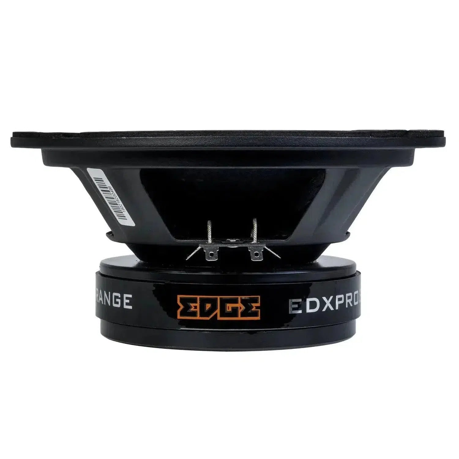 Vista lateral de un altavoz para coche Edge Car Audio Xtreme EDXPRO8L-E9 de 8 pulgadas con logotipo naranja visible, conectores, cono y marco de montaje.