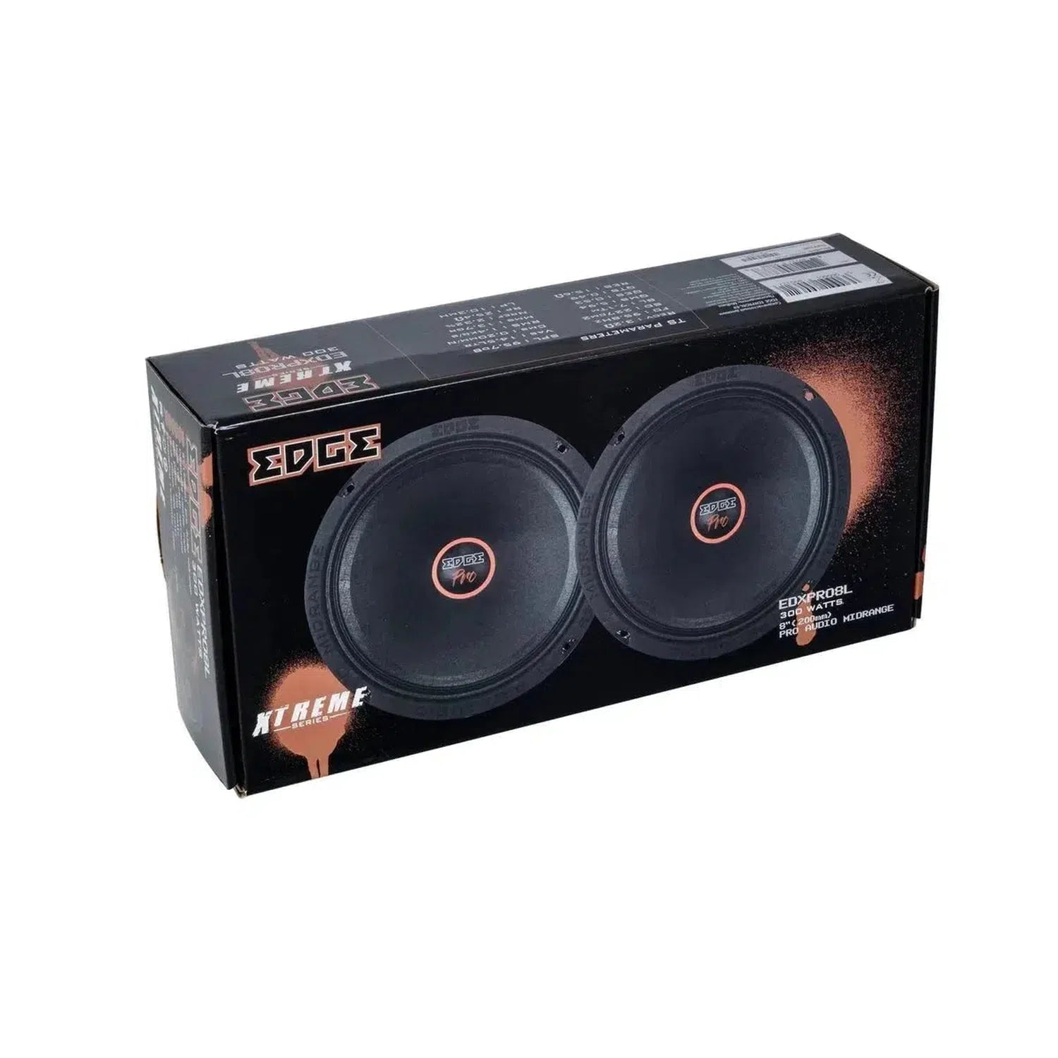 El Xtreme EDXPRO8L-E9 de Edge Car Audio es una caja rectangular negra con dos grandes altavoces de 8 y la marca Edge Car Audio en naranja/blanco.