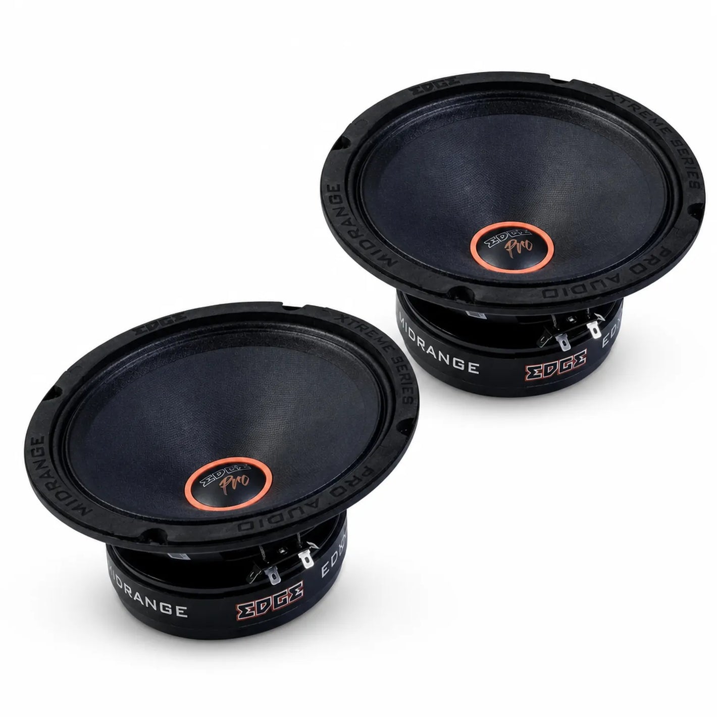 Dos altavoces Edge Car Audio Xtreme EDXPRO8L-E9 redondos negros de 8 con detalles en naranja y la marca EDGE están uno al lado del otro sobre un fondo blanco.