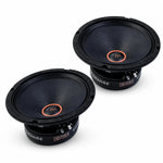 Dos altavoces Edge Car Audio Xtreme EDXPRO8L-E9 redondos negros de 8 con detalles en naranja y la marca EDGE están uno al lado del otro sobre un fondo blanco.