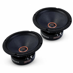 Dos altavoces Edge Car Audio Xtreme EDXPRO8L-E9 redondos negros de 8 con detalles en naranja y la marca EDGE están uno al lado del otro sobre un fondo blanco.