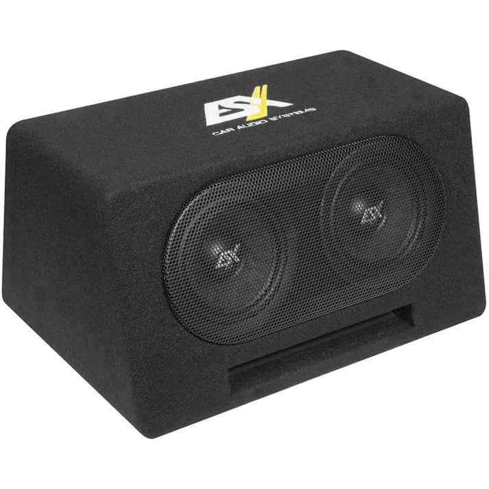 The ESX DBX-206Q is a black, rectangular 6.5 subwoofer box with Dual-Bassreflex-System, two round speakers under a mesh grille, and an ESX logo on top.