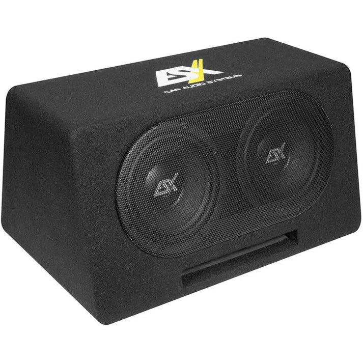 The ESX DBX-208Q subwoofer box features dual-bass reflex, two 8 woofers, yellow/white logo on top, and 400W RMS power for deep bass.