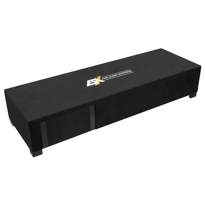 The ESX DBX-600Q is a rectangular black subwoofer with a mesh grille on one side and Car Audio System logo on top.
