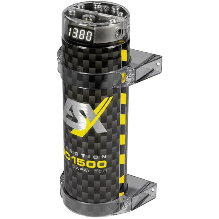The ESX Direction DC1500 is a 1.5 Farad cylindrical car audio capacitor with digital voltage display, carbon fiber pattern, yellow accents, and side mounting brackets.