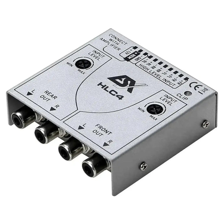 LESX HLC4 est un adaptateur high-low à 4 canaux avec E/S RCA, cadrans de niveau, indicateur de clip LED et installation Plug  Play facile pour les systèmes audio de voiture.
