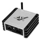 The compact ESX QS-FOUR-BT DSP amplifier in silver and black features visible ports, buttons, Bluetooth receiver, and a small top antenna.