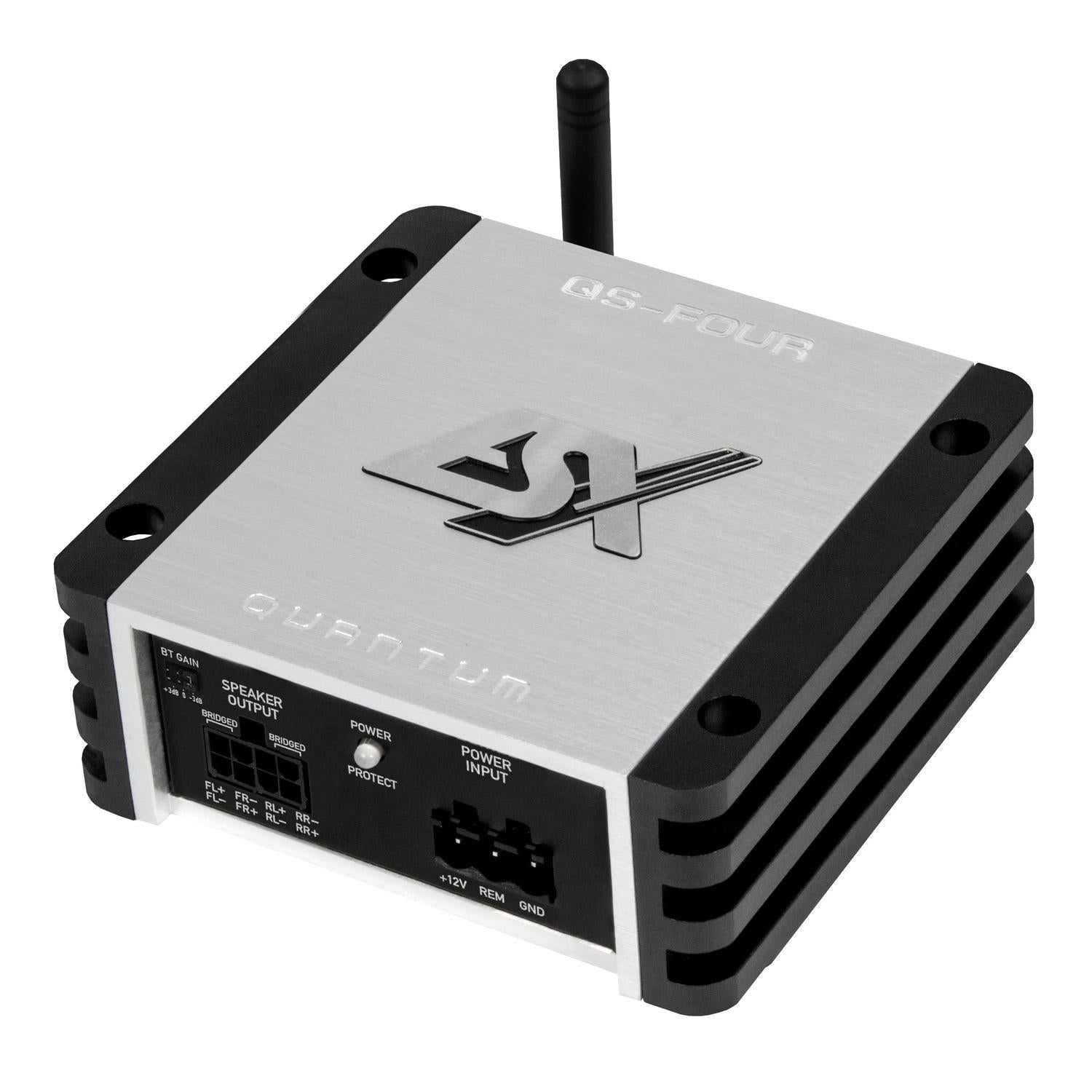 The compact ESX QS-FOUR-BT DSP amplifier in silver and black features visible ports, buttons, Bluetooth receiver, and a small top antenna.