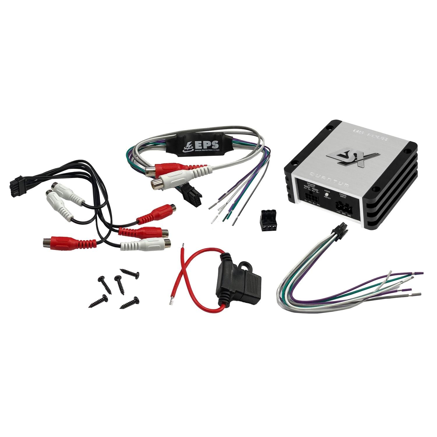 The ESX QS-FOUR-BT kit includes a compact silver Class D amplifier marked EPS and AX, RCA cables, fuse holder, connectors, wires, and screws.