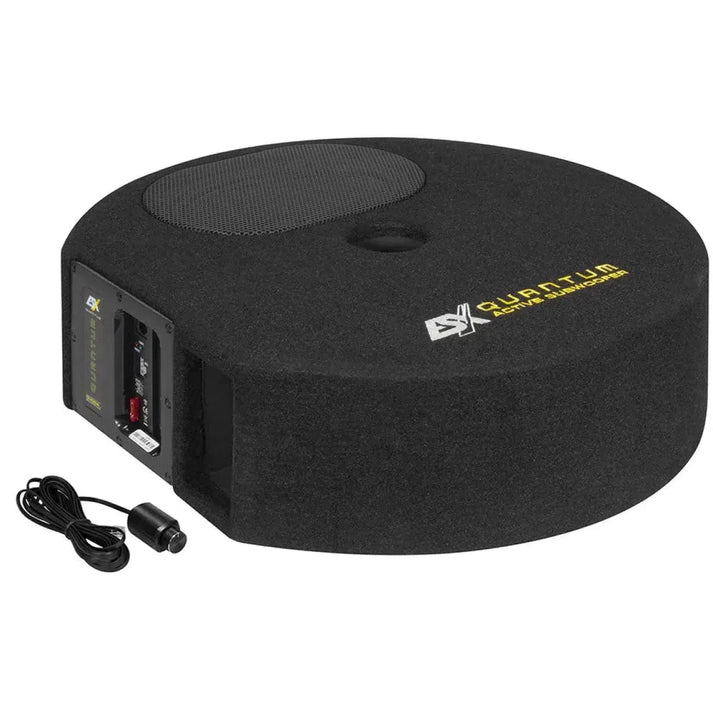 Round black ESX Quantum Q-300Av2 Aktiv subwoofer with mesh cover, control panel, logo, and separate power cable next to it.