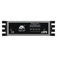 Vue de face du mini-amplificateur ESX Quantum QMX-TWO à 2 canaux de classe D, avec certification EPS, marquage CE, étiquette indiquant la puissance de sortie des haut-parleurs et façade noire rehaussée de touches métalliques.