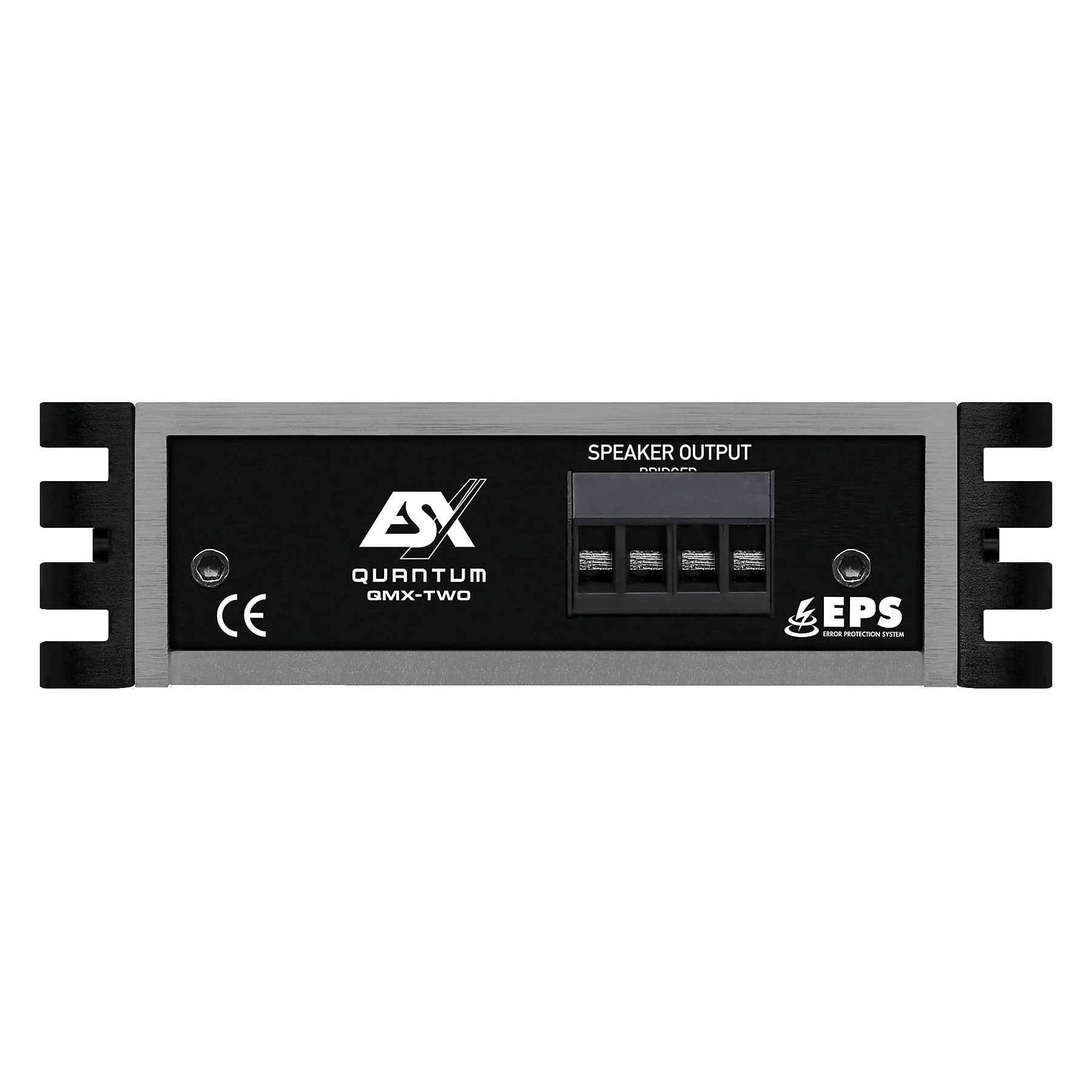Vue de face du mini-amplificateur ESX Quantum QMX-TWO à 2 canaux de classe D, avec certification EPS, marquage CE, étiquette indiquant la puissance de sortie des haut-parleurs et façade noire rehaussée de touches métalliques.