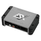 Amplificateur rectangulaire à 2 canaux, de couleur argent-noir, de type ESX Quantum QMX-TWO, au design compact, doté dentrées et de sorties bien visibles ainsi que de commandes situées sur la face avant.