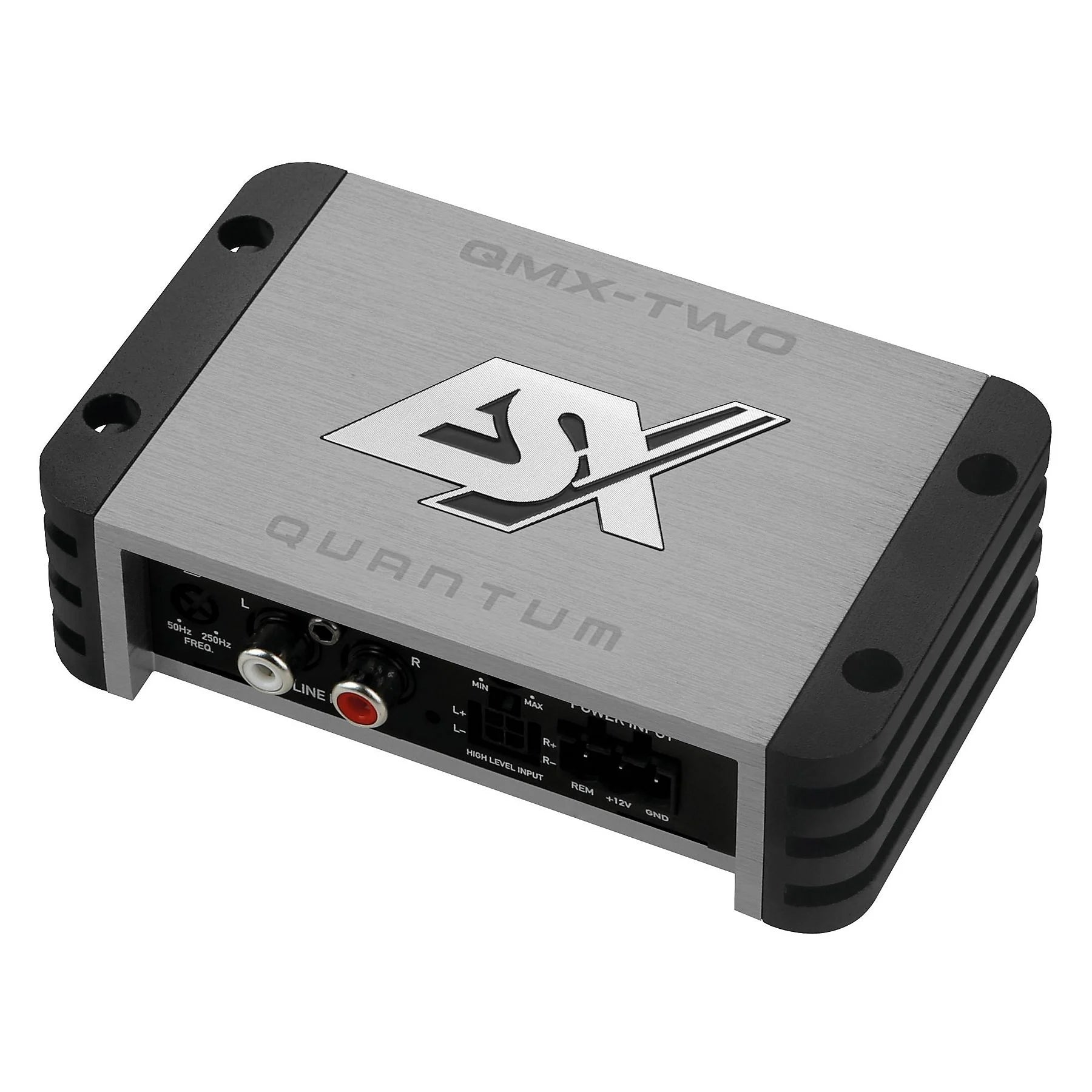 Amplificateur rectangulaire à 2 canaux, de couleur argent-noir, de type ESX Quantum QMX-TWO, au design compact, doté dentrées et de sorties bien visibles ainsi que de commandes situées sur la face avant.