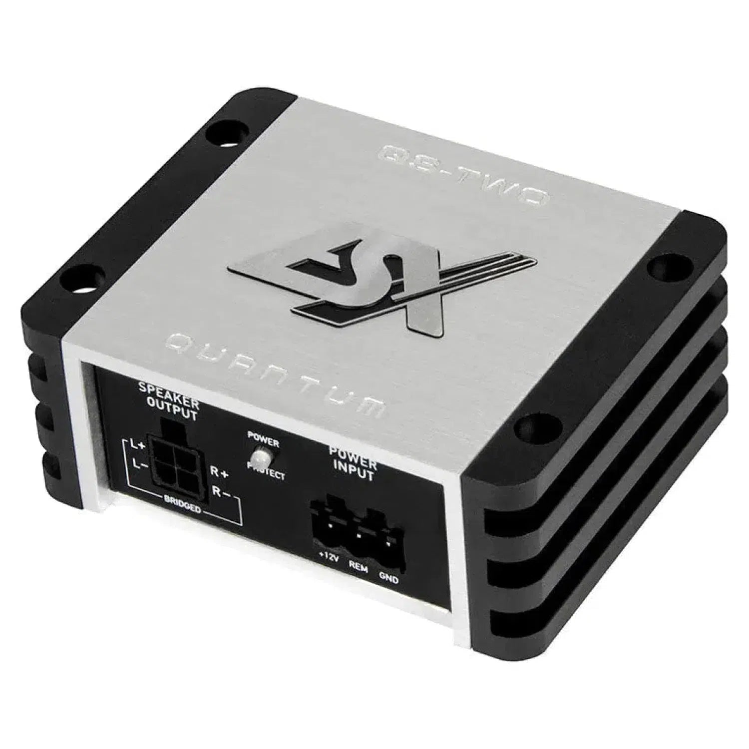 The ESX Quantum QS-TWO is a compact, silver and black 2-channel car audio amplifier with labeled speaker output and power input ports on one side.