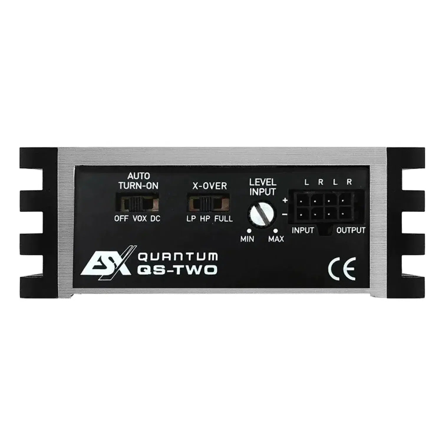 Front view of the ESX Quantum QS-TWO amp with Nano Digital Technology, showing auto turn-on, crossover switches, level dial, and in/out ports.