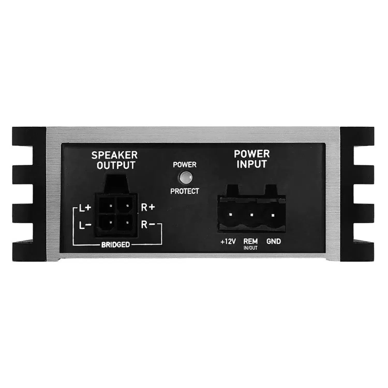 Close-up of the ESX Quantum QS-TWO rear panel showing labeled speaker output, power input terminals, and power/protect indicator lights.