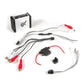 Assorted car stereo wiring harnesses, connectors, and an ESX Quantum QS-TWO Nano Digital Technologie Class D 2-Kanal Verstärker on a white background.