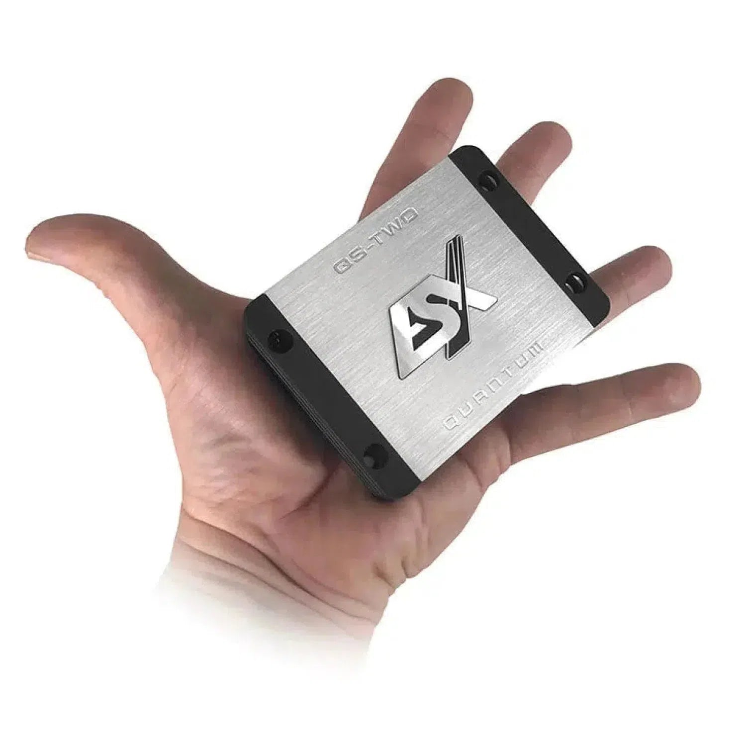 A person holds an ESX Quantum QS-TWO, a compact metal device with 4X on the front, featuring advanced Class D Verstärker technology.