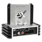 The ESX Quantum QS-TWO car audio amplifier features Nano Digital Technology, with multiple front-panel ports and control switches in silver and black.