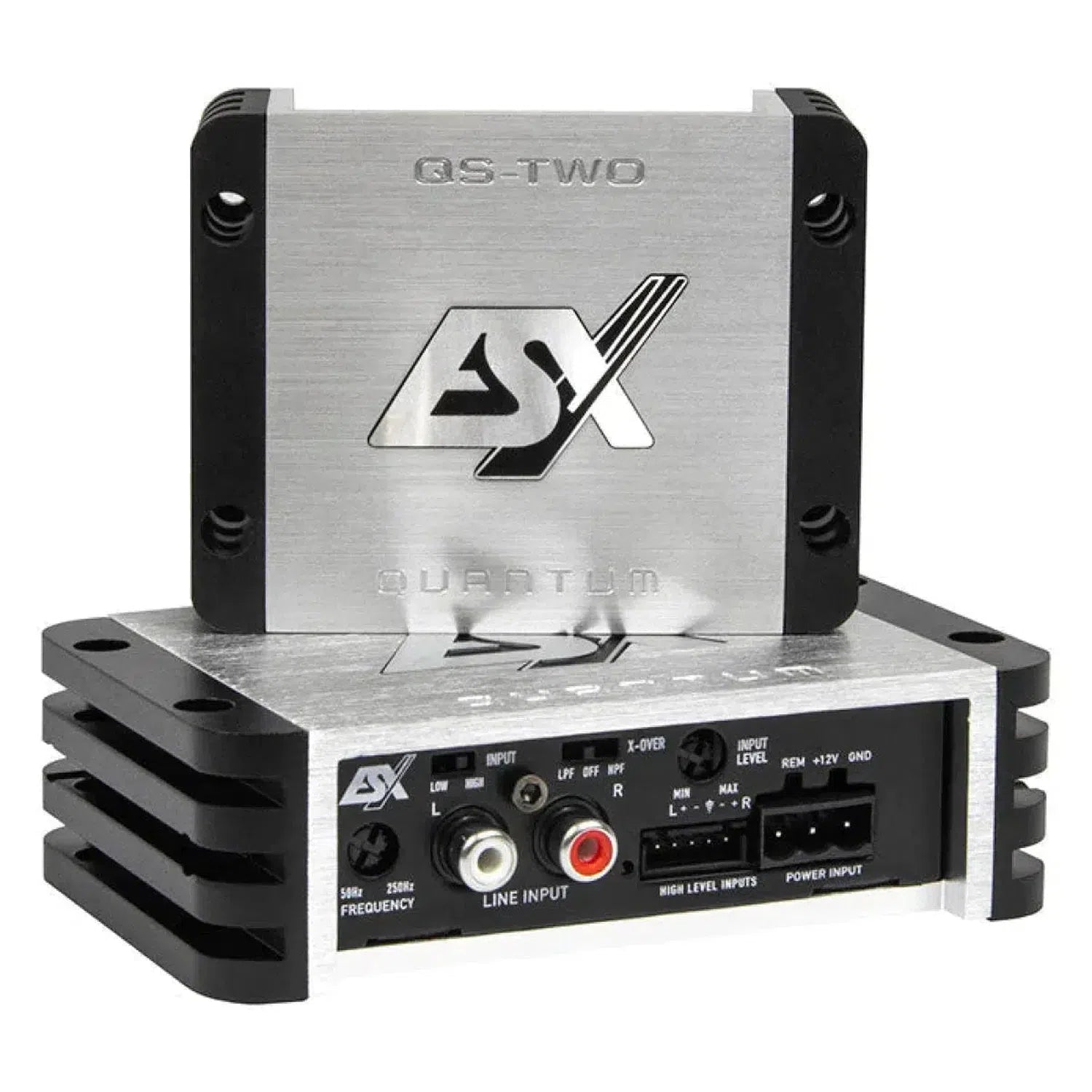 The ESX Quantum QS-TWO car audio amplifier features Nano Digital Technology, with multiple front-panel ports and control switches in silver and black.
