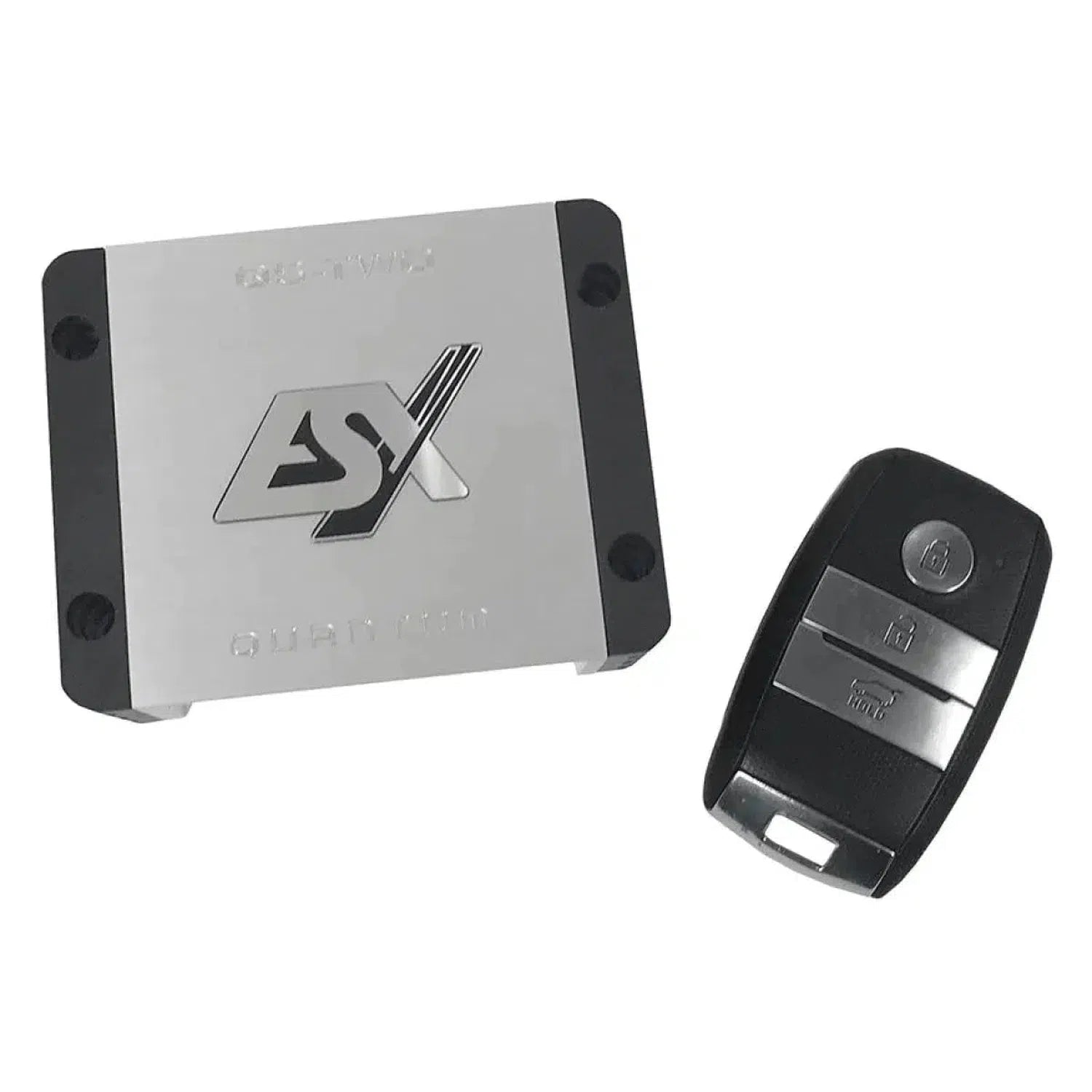 The ESX Quantum QS-TWO is a rectangular metal device with Nano Digital Technologie, a logo, and a black remote with lock, unlock, and trunk buttons.