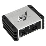 A silver and black ESX Quantum QS-TWO 2-channel amplifier with labeled input and output ports is shown on a white background.