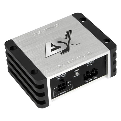 A silver and black ESX Quantum QS-TWO 2-channel amplifier with labeled input and output ports is shown on a white background.