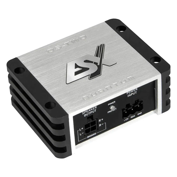 A silver and black ESX Quantum QS-TWO 2-channel amplifier with labeled input and output ports is shown on a white background.
