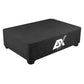 El ESX QX10BXA es una caja rectangular negra Aktiv-Subwoofer con patas cortas, logotipo ESX blanco y un potente subwoofer de 10 Zoll, que se muestra sobre un fondo blanco.