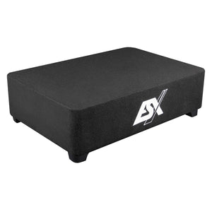 The ESX QX10BXA is a black rectangular Aktiv-Subwoofer box with short legs, white ESX logo, and a powerful 10 Zoll Subwoofer, shown on a white background.