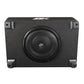 El ESX QX10BXA es un Aktiv-Subwoofer negro de 10 en una carcasa rectangular con rejilla de malla, esquinas plateadas e integriertem Class D Verstärker.