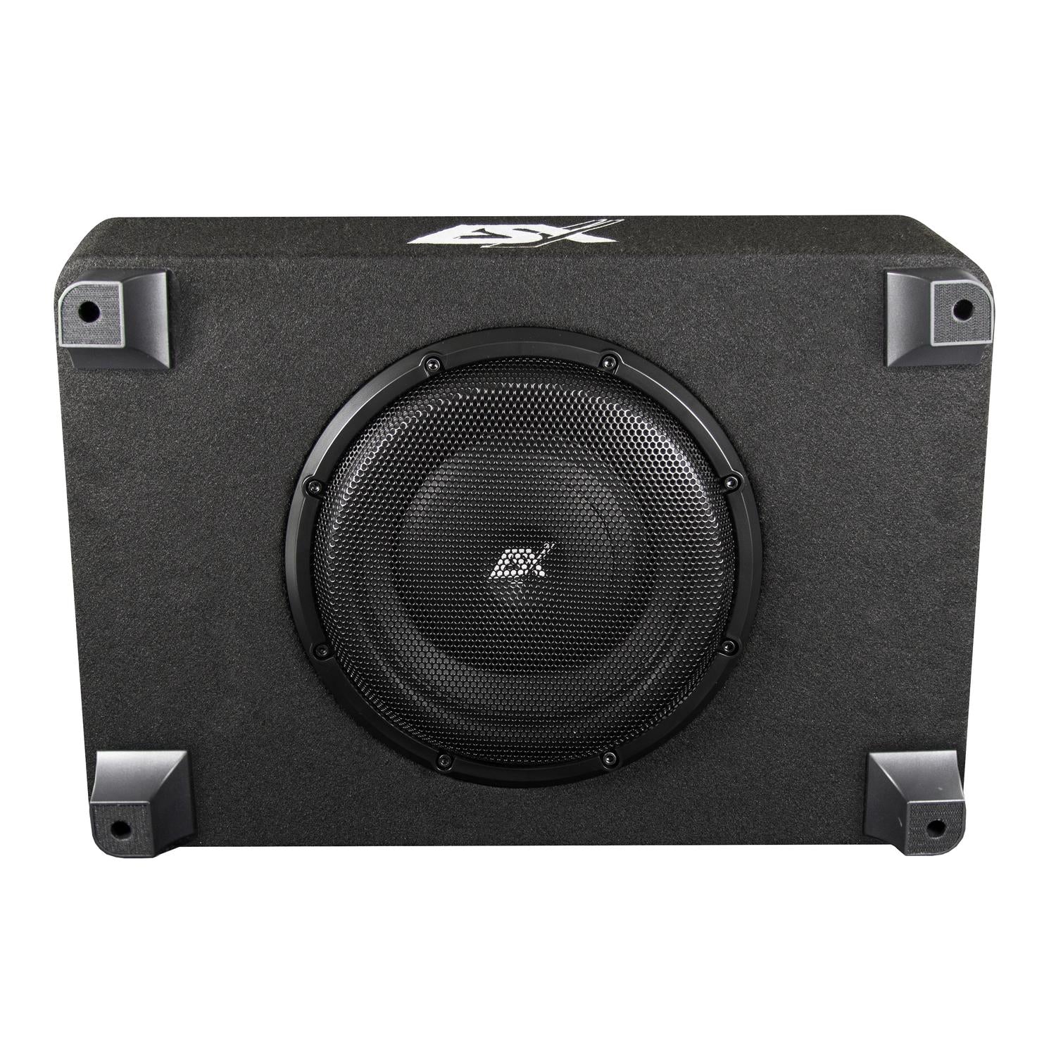 El ESX QX10BXA es un Aktiv-Subwoofer negro de 10 en una carcasa rectangular con rejilla de malla, esquinas plateadas e integriertem Class D Verstärker.
