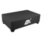 La ESX QX12BXA es una plataforma escalonada rectangular de color negro con patas cortas y el logotipo SX en blanco, inspirada en el diseño de los subwoofers Aktiv-Gehäuses.