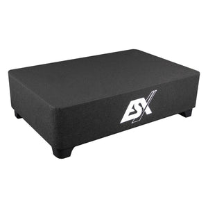 The ESX QX12BXA is a rectangular black step platform with short legs and a white SX logo, inspired by Aktiv-Gehäusesubwoofer design.