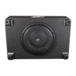 El ESX QX12BXA es un subwoofer negro de 12 pulgadas en una caja rectangular con rejilla protectora y cuatro esquinas reforzadas.